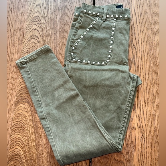 Express High Rise Studded Skinny Jeans Olive Green size 4S 4C - Picture 2 of 10